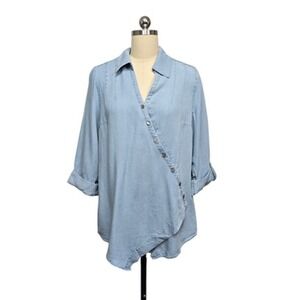 Soft‎ Surroundings Shirt Womens Medium Denim Tunic Tencel Asymmetrical Button